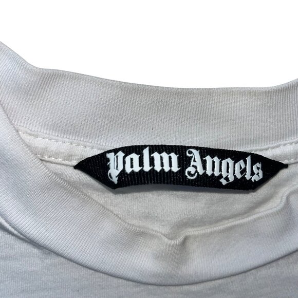 Palm Angels White T-Shirt With Blue & Black Print Short Sleeve Crew Neck Cotton - Picture 3 of 11